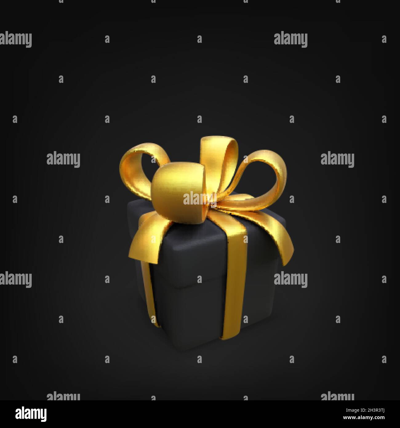 Schwarze Geschenkbox mit Goldband in realistischem Stil. 3D-Box mit goldener Schleife. Black friday Design-Element. Überraschungspaket für den Urlaub. Vektorgrafik Stock Vektor