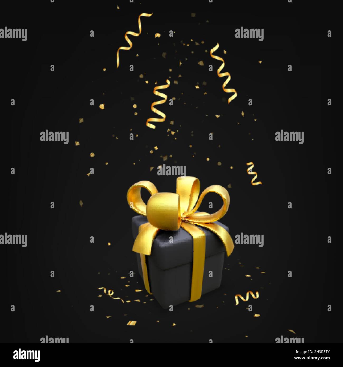 Schwarze Geschenkbox mit Goldband in realistischem Stil. Überraschungspaket mit Konfetti für Urlaubsbanner. 3D-Box mit goldener Schleife. Black friday Design Ele Stock Vektor