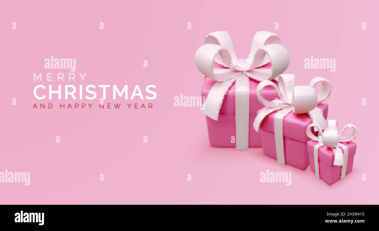 Weihnachtsbanner mit pinken Geschenkschachteln. Weihnachtskarte. Mutter oder Frauen Tag Geschenk-Boxen. Vektorgrafik Stock Vektor
