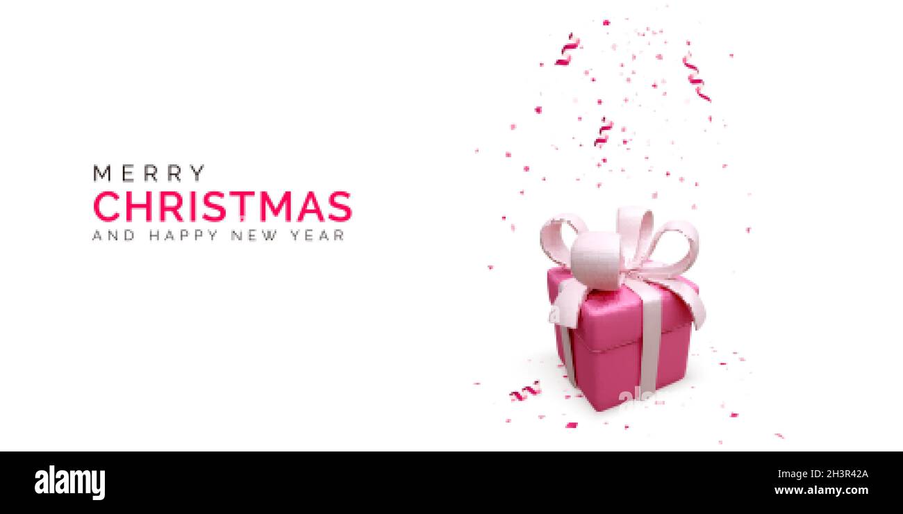 Weihnachtsfeiertag Verkaufsbanner mit Geschenkbox mit rotem Band und Schleife und fallenden Konfetti. Geschenk-Boxen mit Neujahrsdekoration. Vektorgrafik Stock Vektor