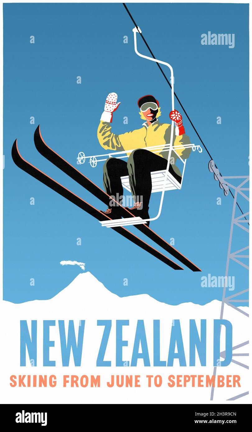 Neuseeland. Skifahren von Juni bis September. Künstler unbekannt. Restauriertes Vintage-Poster, das in den 1950er Jahren in Neuseeland veröffentlicht wurde. Stockfoto