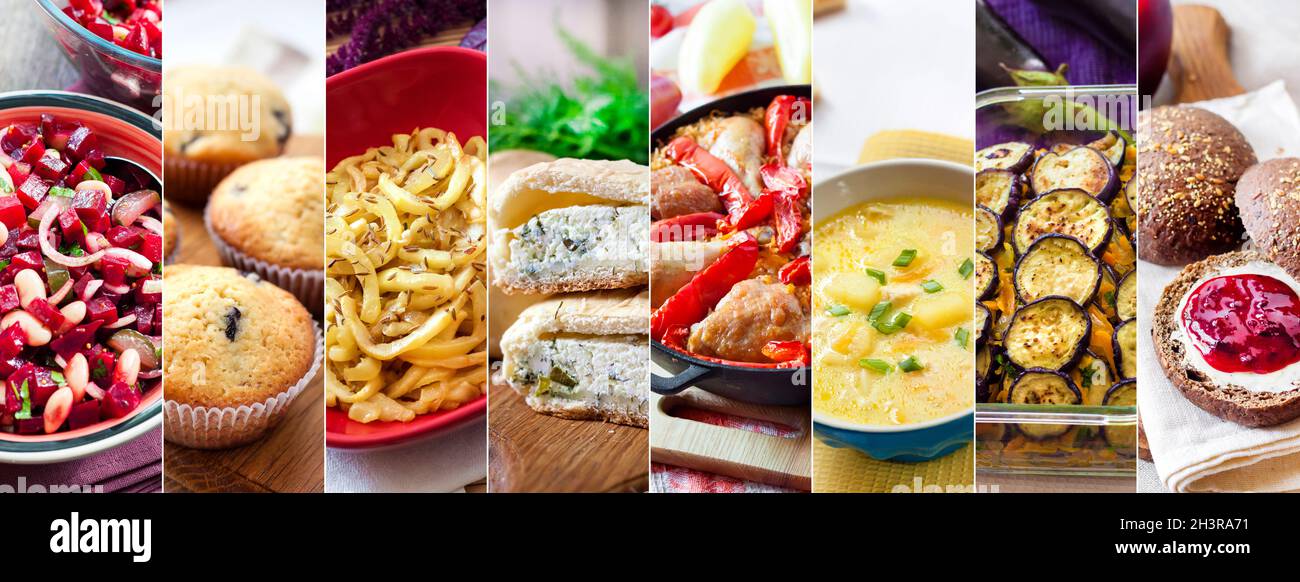 Collage von Bildern von bunten leckeren Speisen Stockfoto