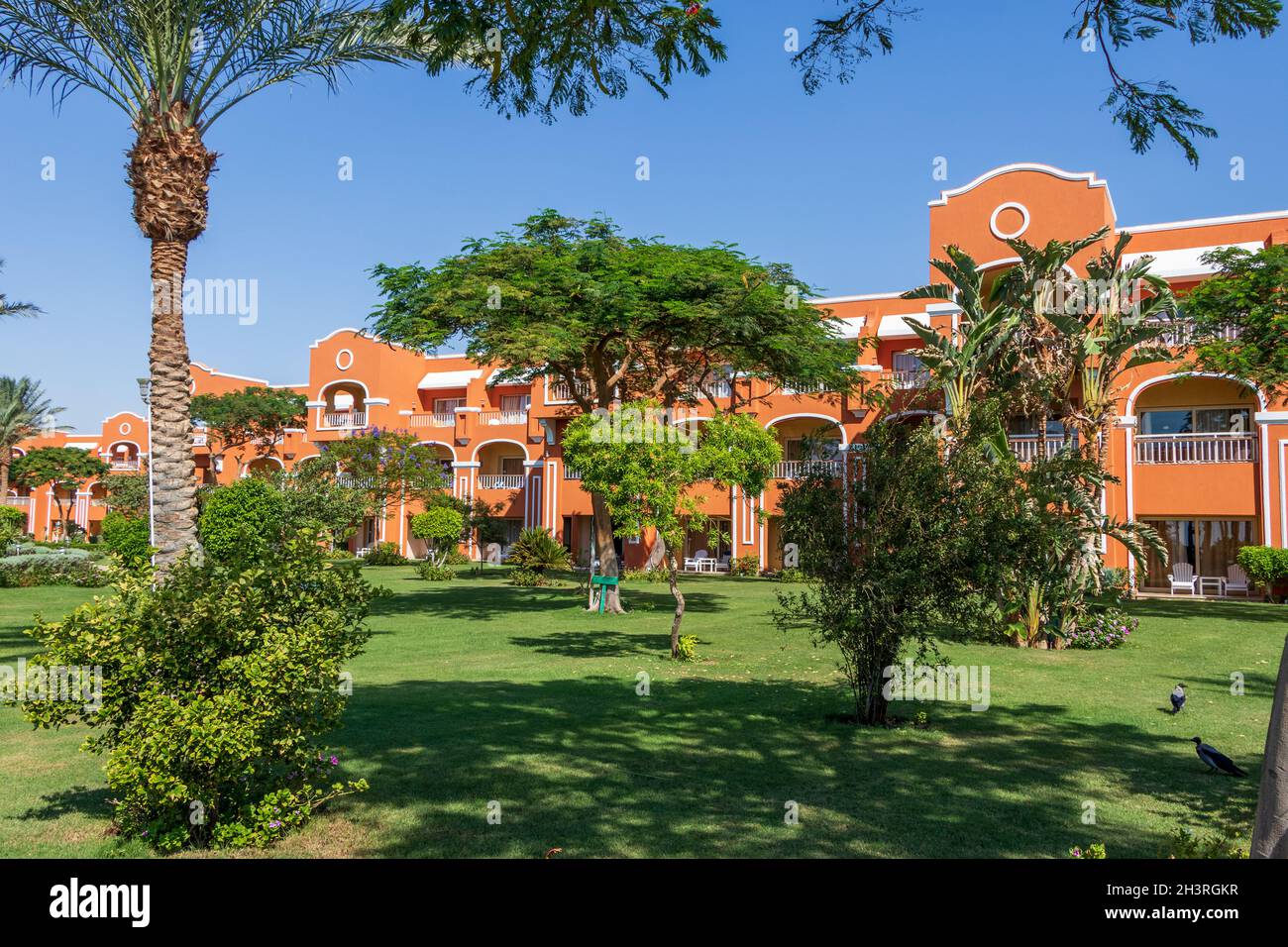 Hurghada, Ägypten - September 25 2021: Ägyptischer Garten mit Palmen im Hotel Caribbean World Resort Soma Bay Stockfoto