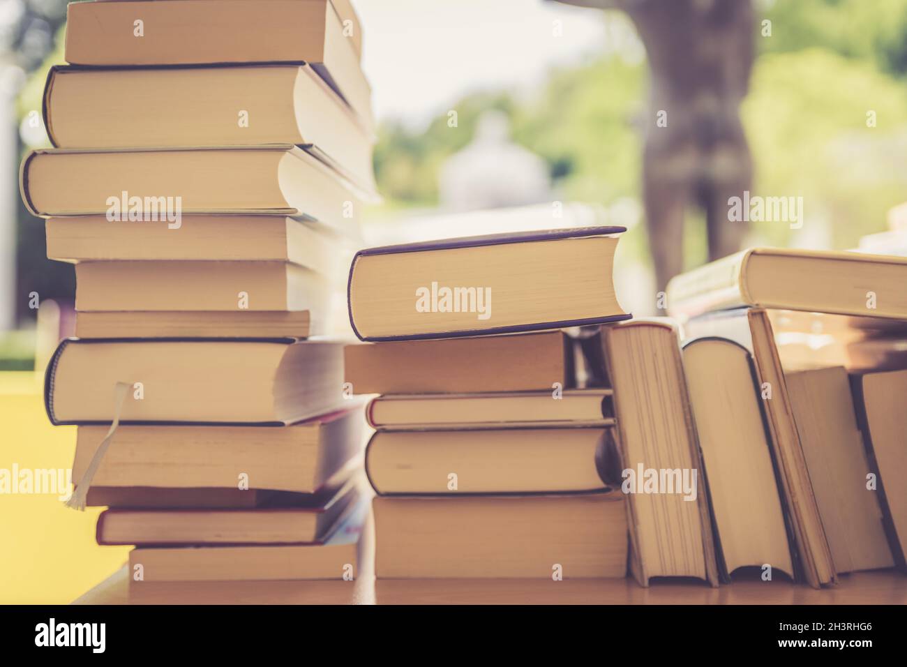 Stapel von Büchern auf einem Wohltätigkeitsbuchflohmarkt, Textraum Stockfoto