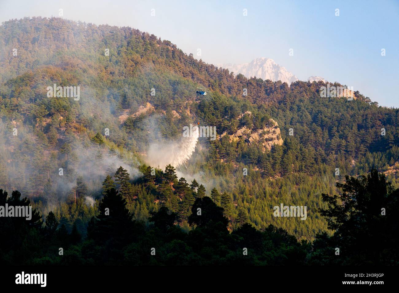 Ein Wildfire-Hubschrauber wirft Wasser auf ein Feuer in einem steilen, felsigen Gelände mit einem Eimer Wasser. Die Berge sind mit dichten Kiefernwäldern bedeckt. Stockfoto