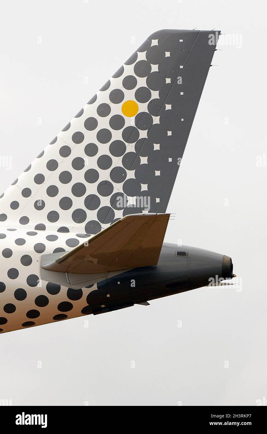 Airbus-Flugzeug A320 der Firma Vueling, Platte EC-MAN, Ankunft am Flughafen Palma de Mallorca. Stockfoto