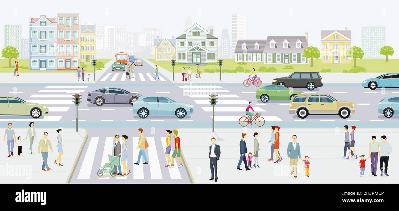 City Silhouette mit Straßenverkehr und Fußgängern auf dem Zebrastreifen, Illustration Stockfoto