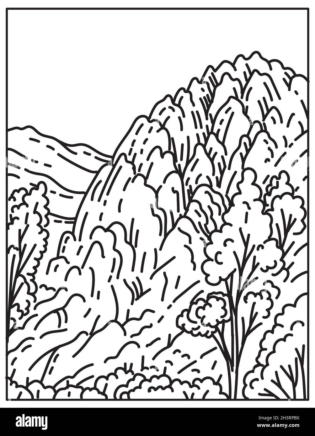 Felsformationen des Pinnacles National Park östlich des Salinas Valley in Zentralkalifornien, USA, Mono Line oder M Stockfoto