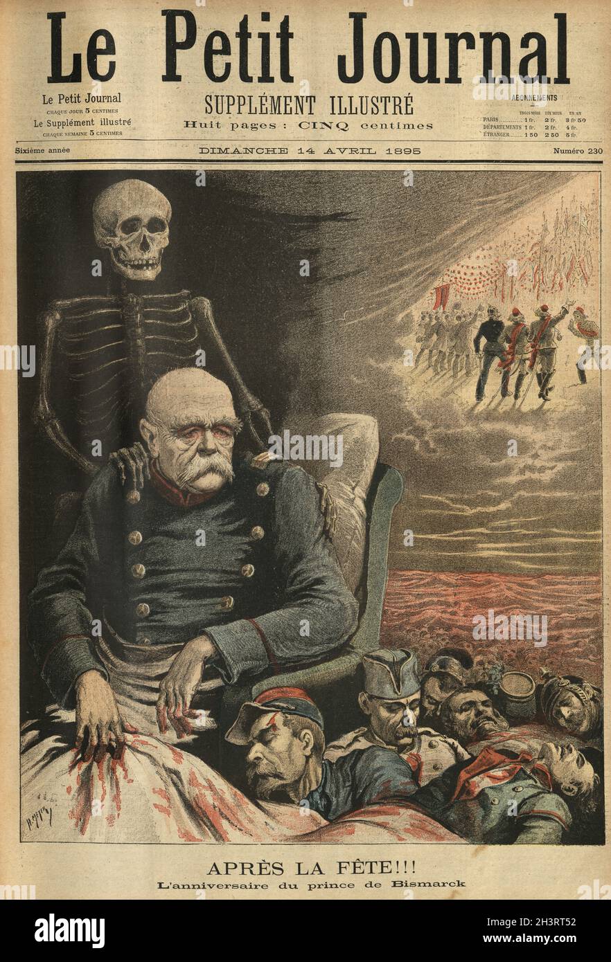 Titelseite des Le Petit Journal. Apres la Fete. L'anniversaire du Prince de Bismarck. Nach der Party. Der Geburtstag von Prinz Bismarck. Karikatur von Otto von Bismarck, der über tote französische Soldaten schaut Stockfoto