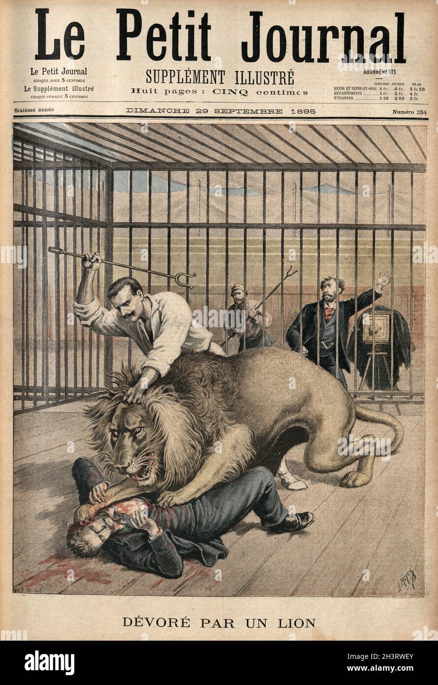Dévoré par un Lion, von einem Löwen verschlungen, 19. Jahrhundert, Le Petit Journal, 1895 Stockfoto