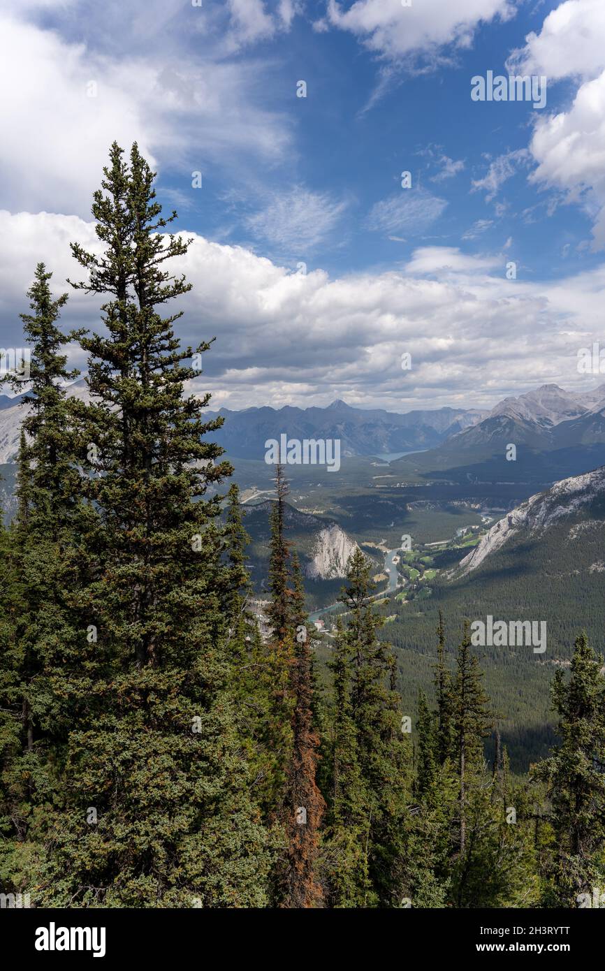 Vertikale Aufnahme der Landschaften des Banff National Park von Kanada unter einem wolkenblauen Himmel Stockfoto