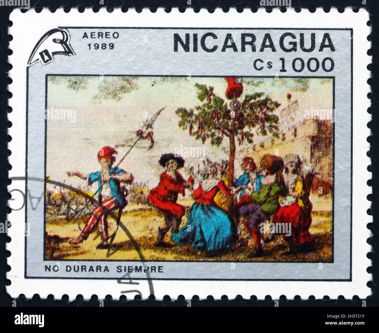 NICARAGUA - UM 1989: Eine in Nicaragua gedruckte Briefmarke zeigt Tanz um den Freiheitsbaum, Französische Revolution, Zweihundertjahrfeier, um 1989 Stockfoto