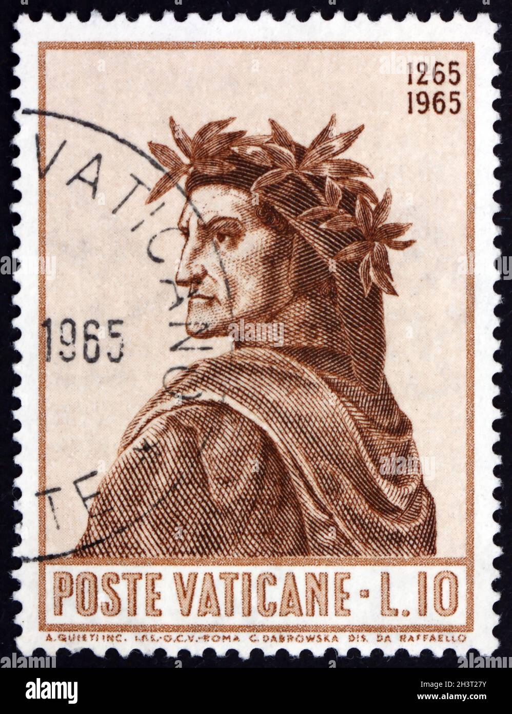 VATIKAN - UM 1965: Eine im Vatikan gedruckte Briefmarke zeigt Dante von Raphael, Geburt von Dante Alighieri, 700-jähriges Jubiläum, um 1965 Stockfoto