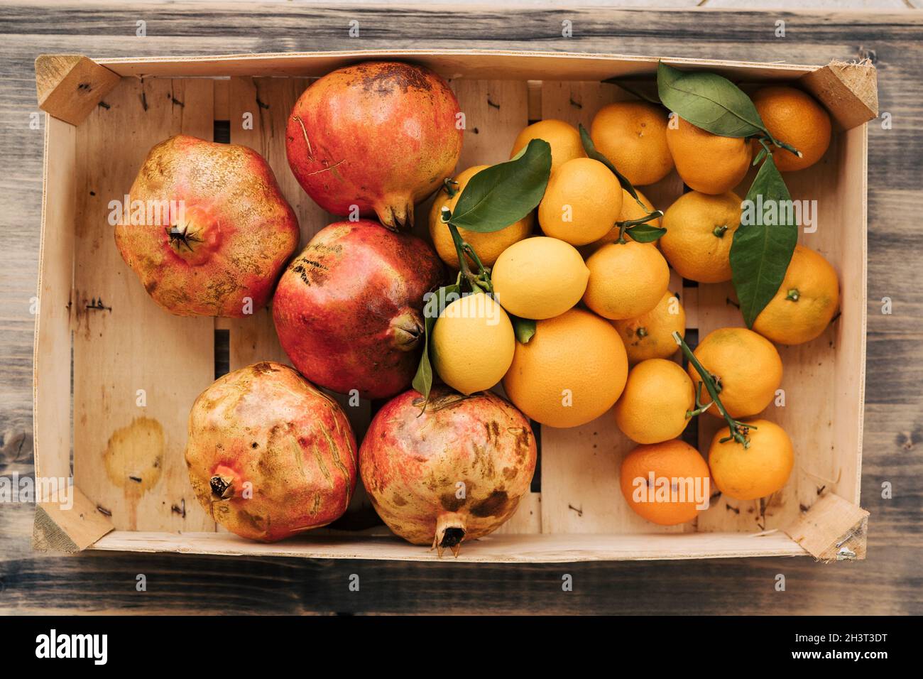 Eine Holzkiste mit Mandarinen, Zitronen und Granatäpfeln. Früchte im Herbstgarten gesammelt. Stockfoto