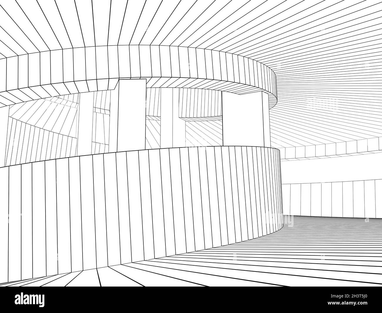 Umriss Drahtrahmen rund Turm Innenraum Modell Entwurf, Konturlinien isoliert auf weißem Hintergrund, 3d-Rendering-Illustration Stockfoto