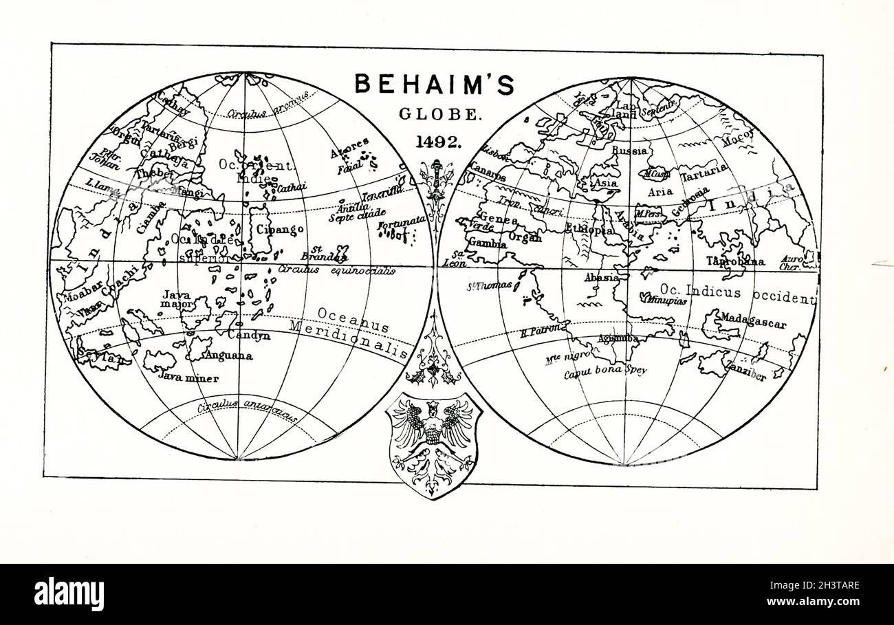 Diese Abbildung zeigt Behaims Globus im Jahr 1492. Martin Behaim (1459-1507), auch bekannt als Martin von Behaim und durch verschiedene Formen von Martin von Böhmen, war ein deutscher Textilhändler und Kartograph. Er diente Johannes II. Von Portugal als Berater in Fragen der Schifffahrt und nahm an einer Reise nach Westafrika Teil. Der Erdafel ist ein Erdglobus, der von Martin Behaim von 1490–1492 produziert wurde. Der Erdafel ist der älteste erhaltene Erdglobus. Sie besteht aus einer zweigeteilten laminierten Leinenkugel, die mit Holz verstärkt und mit einer von Georg Glockendon auf Gores gemalten Karte überzogen ist. Stockfoto