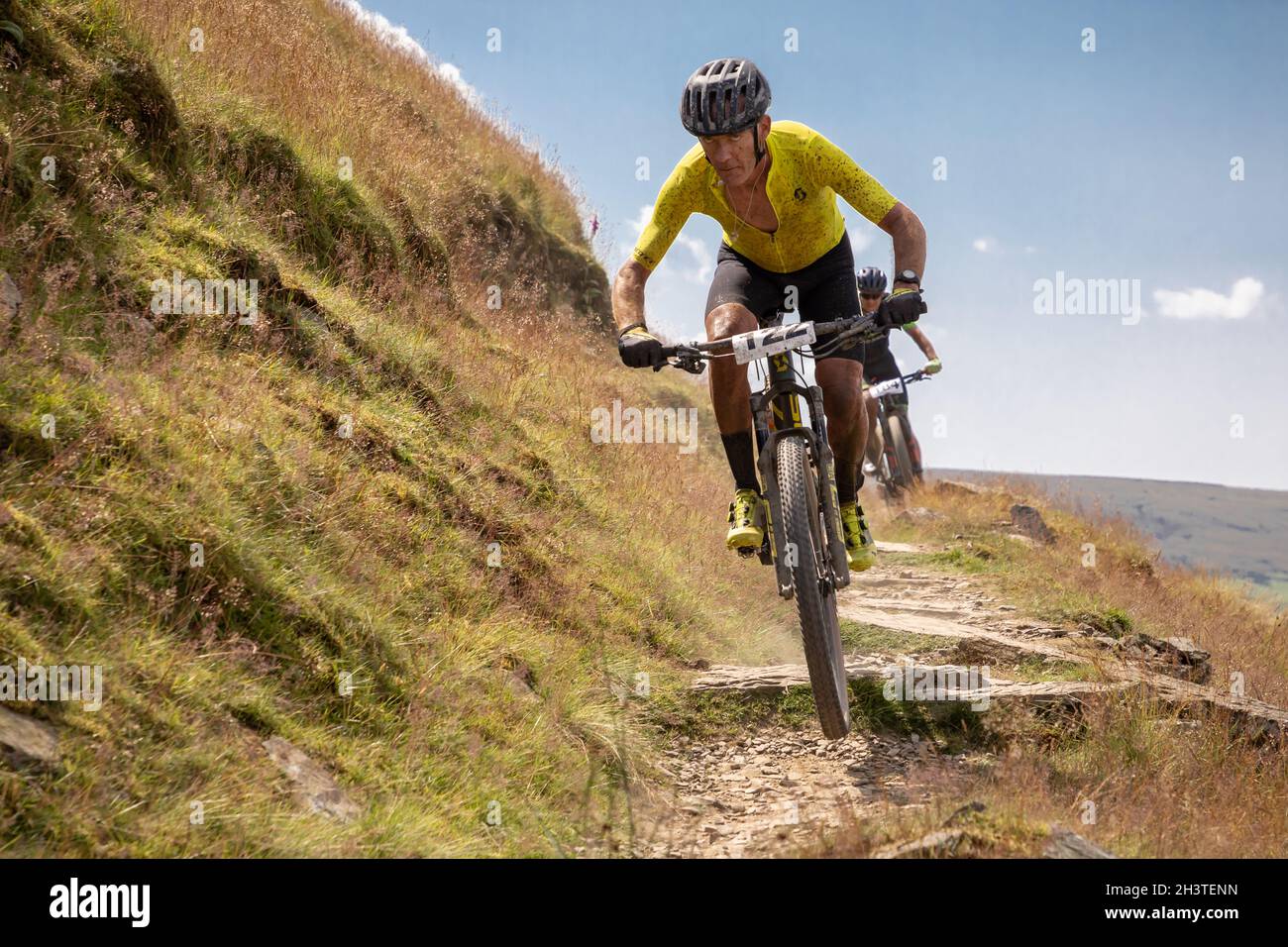 Mountainbike-Rennfahrer bei „Crank IT“-Veranstaltung, Lee Quarry, Lancashire, England, Großbritannien, GB, Europa. Stockfoto