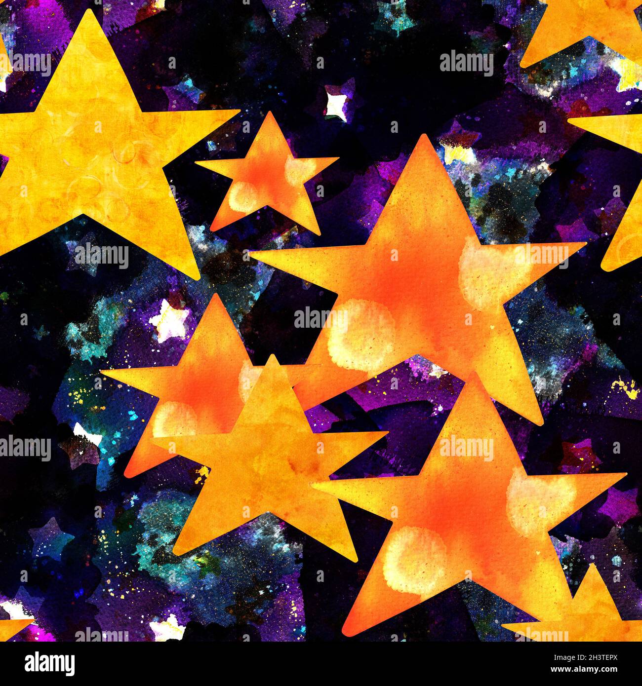 Ein nahtloser Aquarellhintergrund mit Sternen an einem dunklen Himmel Stockfoto