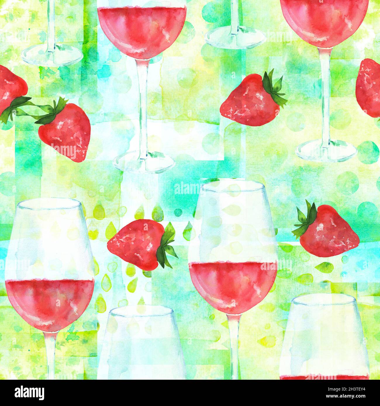 Nahtloses Muster mit Rosenwein und Erdbeeren, Aquarell, Wiederholungsdruck auf blaugrün Stockfoto