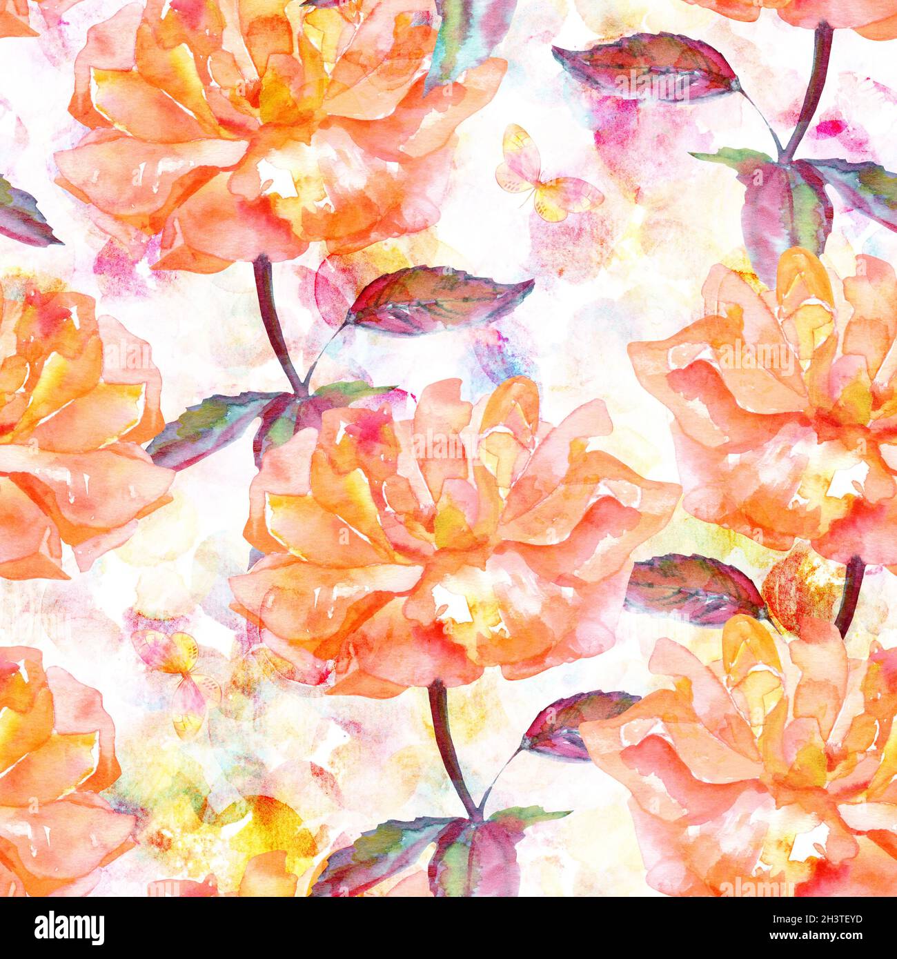 Nahtlose Muster mit Aquarell Rosen und Schmetterlinge Stockfoto