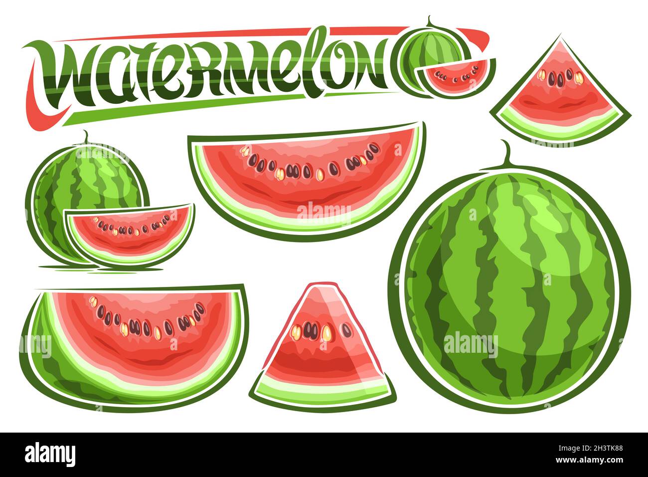 Vektor-Wassermelonen-Set, Lot Sammlung von ausgeschnittenen Illustrationen Frucht Stillleben Komposition, Cartoon-Design geschnitten natürlichen Wassermelonen, einzigartige Bürste Stock Vektor