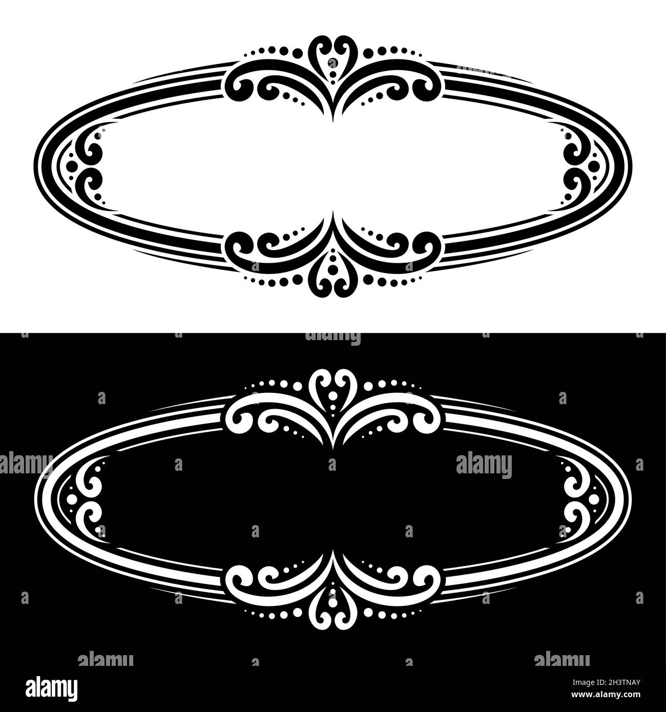 Vector ovale Dekorrahmen für Grußtext, monochrome, anspruchsvolle Bordüren mit eleganten Illustrationen und Copyspace, ovale Kalligrafie-Rahmen f Stock Vektor