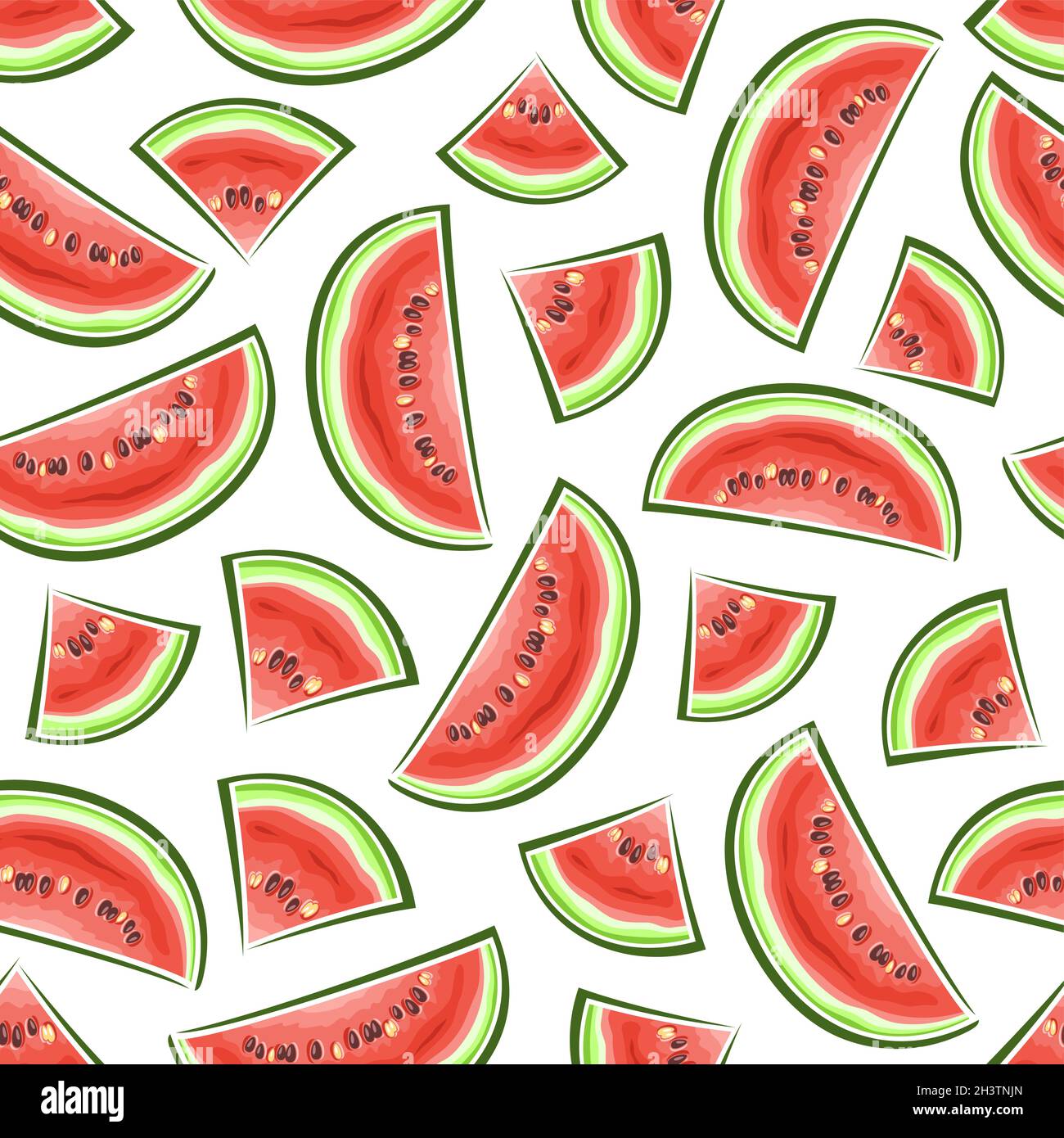 Vektor-Wassermelone Nahtloses Muster, quadratische Wiederholung Hintergrund von geschnittenen Cartoon Wassermelonen mit Samen, dekorative Poster mit ausgeschnittenen Illustrationen Stock Vektor