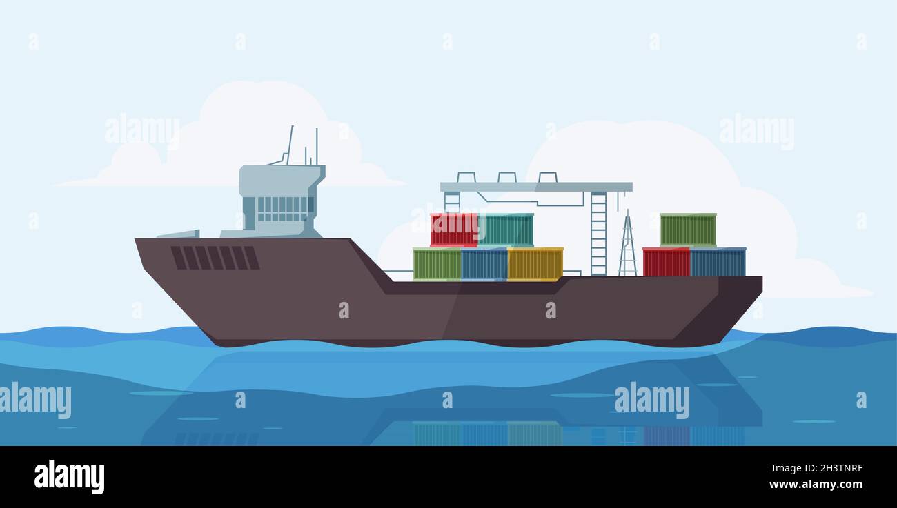 Frachtschiff im Meer. Outdoor-Meereslandschaft mit Binnenschiff mit Containern Vektor Cartoon Hintergrund Stock Vektor