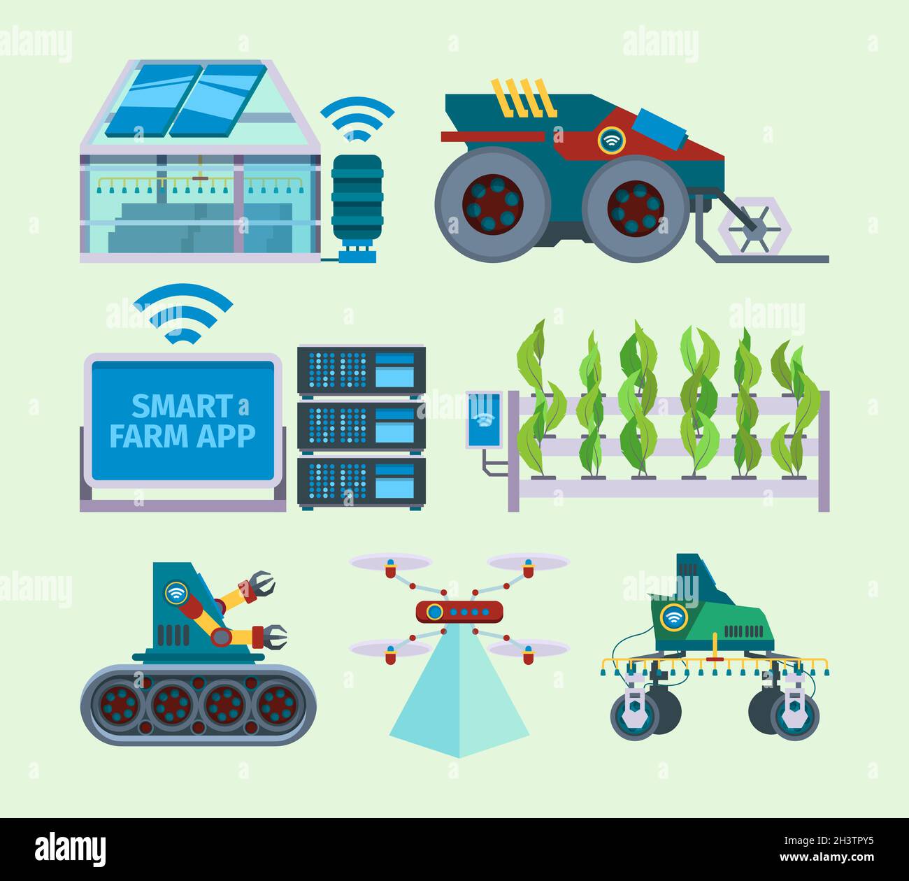 Intelligente Farm. Unbemannte Landwirtschaft Landwirtschaft Innovationen digitale Energie intelligente Industrie Vektor flache Bilder set Stock Vektor