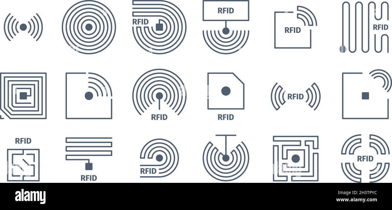 RFID-Symbole. Radio Tagging Chips Identifikation drahtlose Halbleiter Shopping Frequenz Vektor-Symbole Stock Vektor