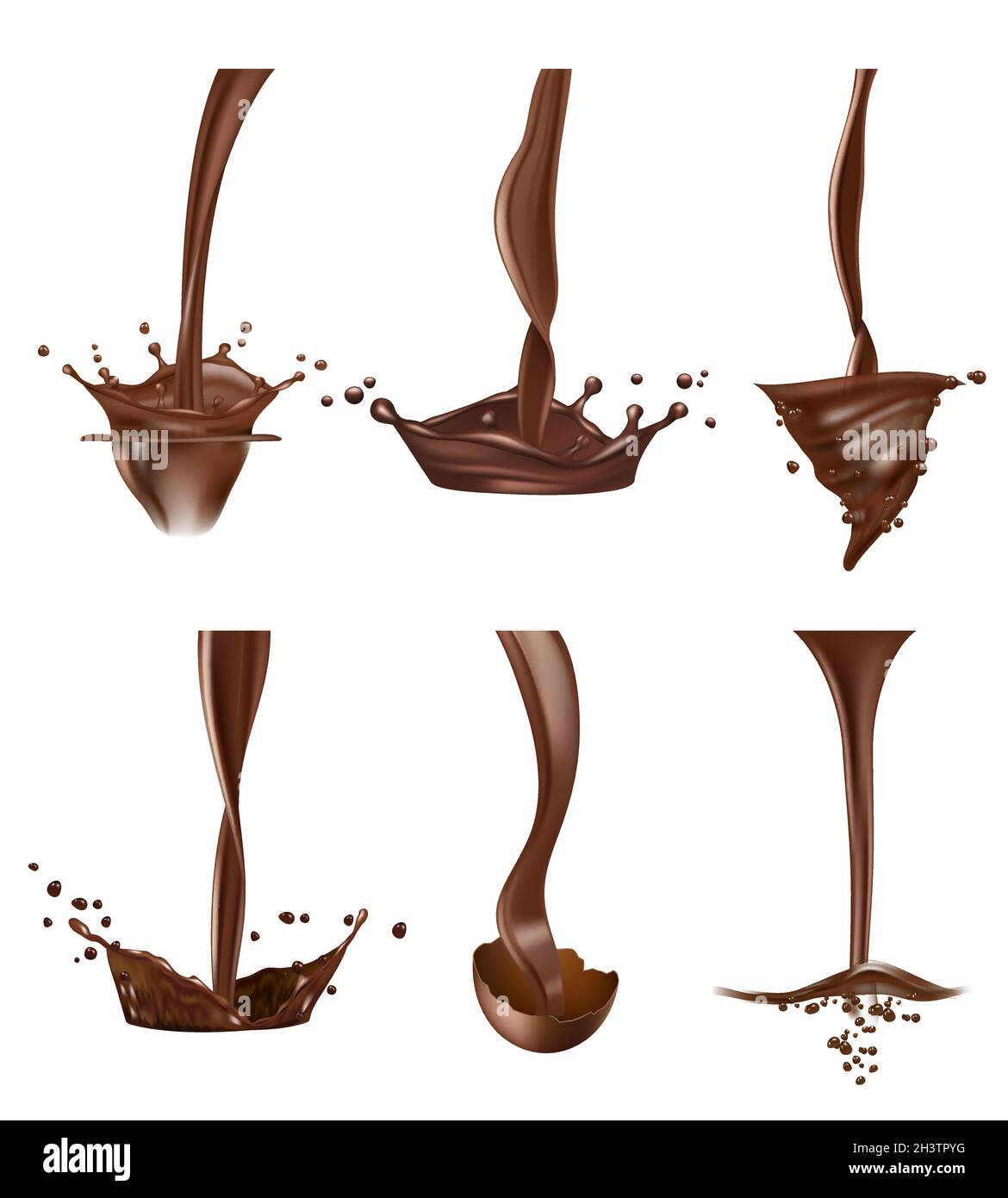 Schokoladenspritzer. Stream flüssige köstliche Schokoladentropfen heiße Soße Vektor realistisch Stock Vektor