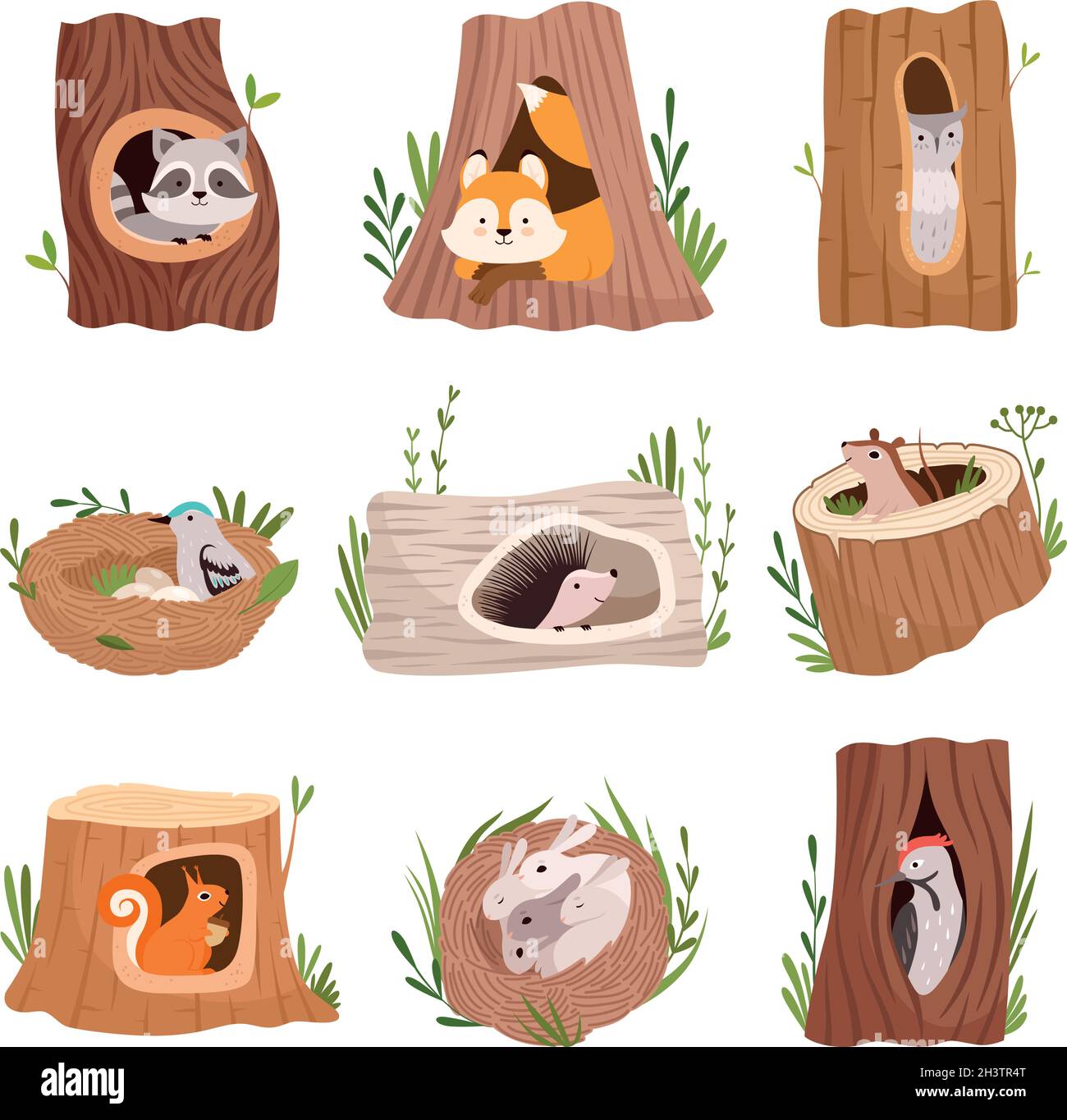 Löcher im Baum. Home hohl für wilde Tiere Stamm Blätter Baumkronen Vögel und Eichhörnchen Vektor-Zeichen Stock Vektor