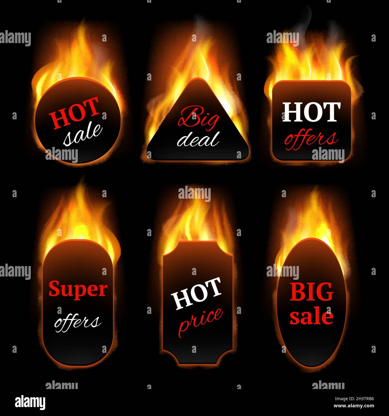 Heiße Sonderangebote. Promo-Banner mit Feuerflammen-Vektor-realistischen Vorlagen Stock Vektor