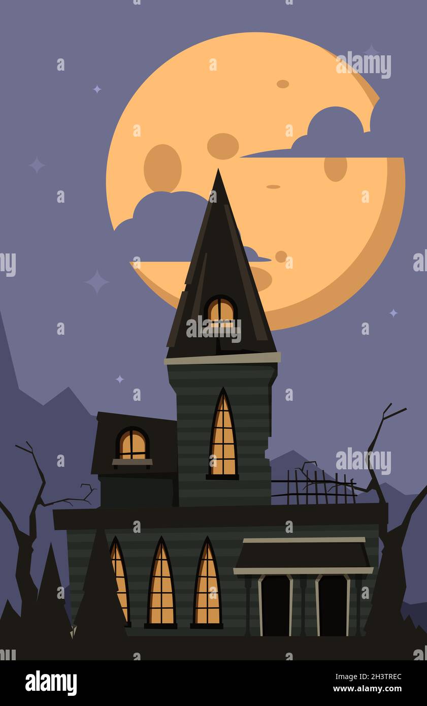 Halloween Hintergrund. Gruseliges Horror Schloss Mondlicht Nachtlandschaft in dunklem Dorf mit Gothic Mystery House Vektor Stock Vektor