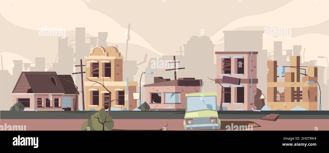 Die Apokalypse hat die Stadt beschädigt. Stadtlandschaft mit zerstörten Häusern Zerfall Ärger Gebäude Katastrophe Vektor-Konzept Stock Vektor