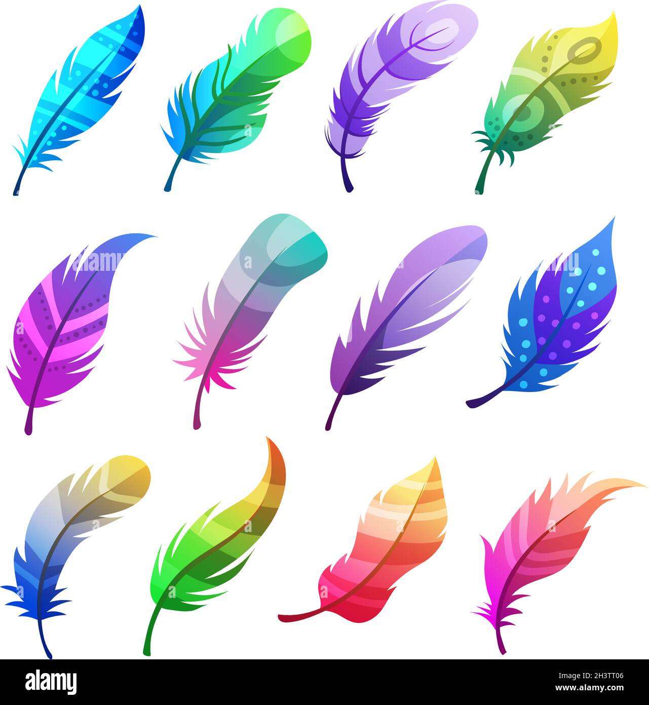 Federfarben. Stilisierte dekorative Tribal-Ornamente auf Federn von Vögeln Vektor-Illustrationen-Set Stock Vektor