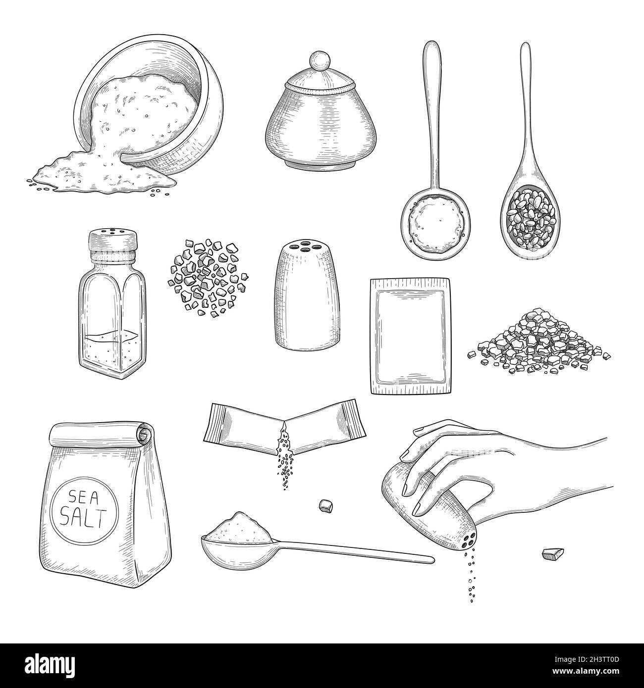 Gezogenes Salz. Essen natürliche Zutaten für die Zubereitung von Lebensmitteln Meerkristallsalz in Verpackungen Vektor-Illustrationen Stock Vektor