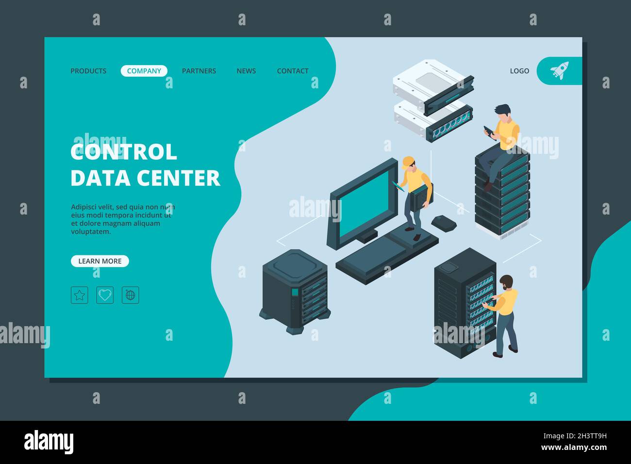 Datenserver landen. Software- und Hardwareelemente für globale Speicher ethernet-Computerdienste Vektor-isometrischer Server Stock Vektor