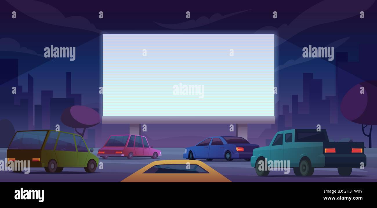 Kino im Freien. Fahren Sie öffentliche Kino Menschen beobachten Film von selbst Autos Vektor Cartoon Landschaft Stock Vektor