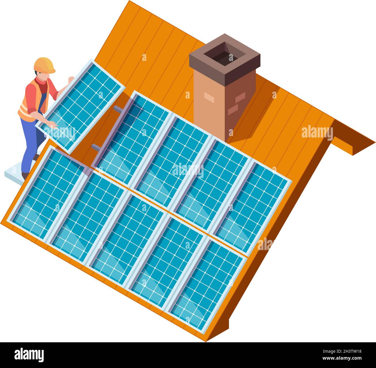 Installation von Solarmodulen. Arbeiter machen moderne eco suny-Panel auf Dach erneuerbare Stromsysteme Vektor isometrisches Konzept Stock Vektor