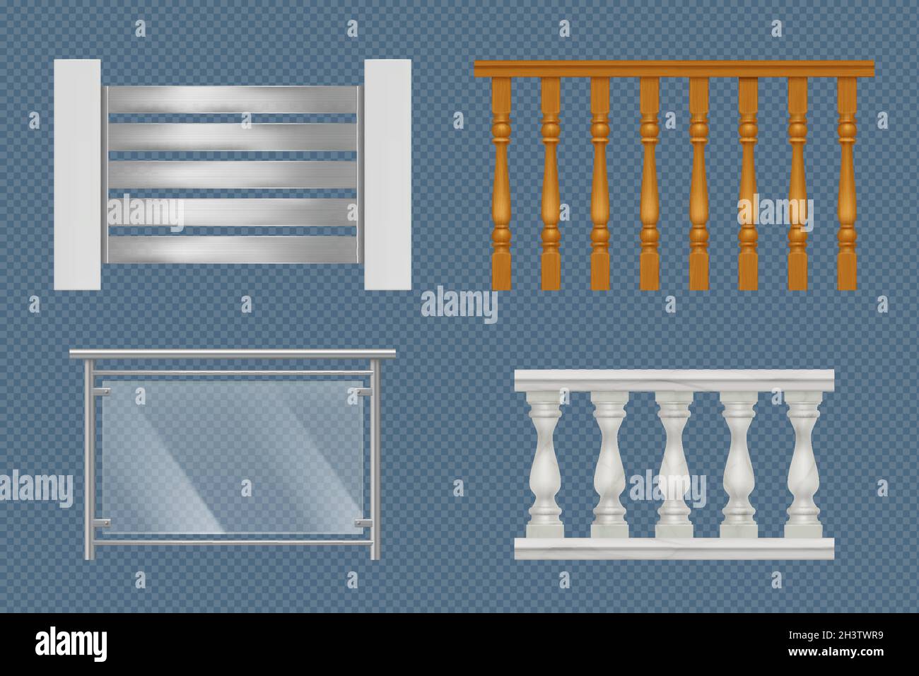 Balkongeländer. Gebäude Treppen Konstruktionen für Terrasse Holzglas oder Metallgeländer Vektor realistische Vorlagen Stock Vektor