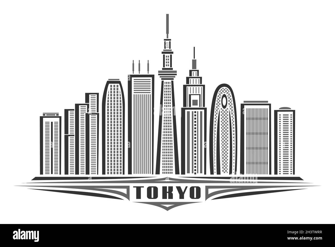 Vektor-Illustration von Tokio, monochromes horizontales Poster mit linearem Design berühmte tokyo Stadtlandschaft, Urban Line Art Konzept mit einzigartigen dekorativen l Stock Vektor
