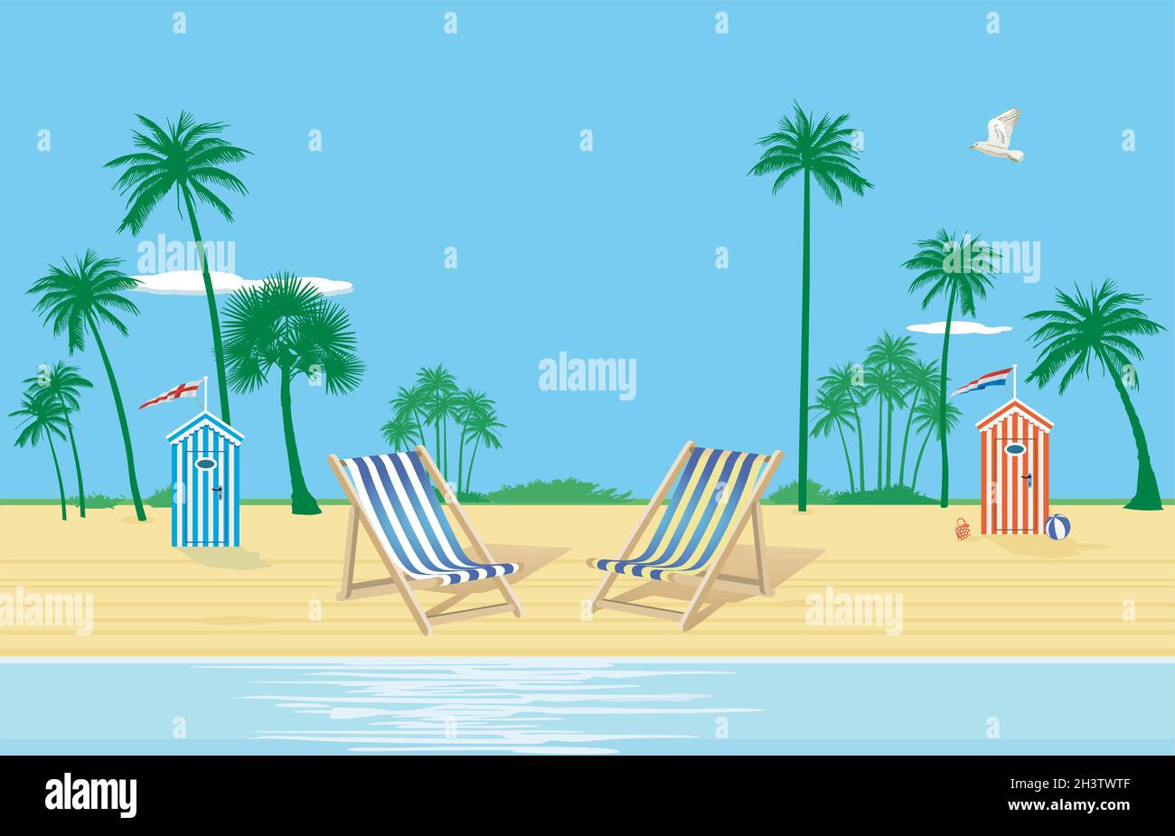 Strand mit Liegestuhl unter Palmen - Vektorgrafik Stock Vektor