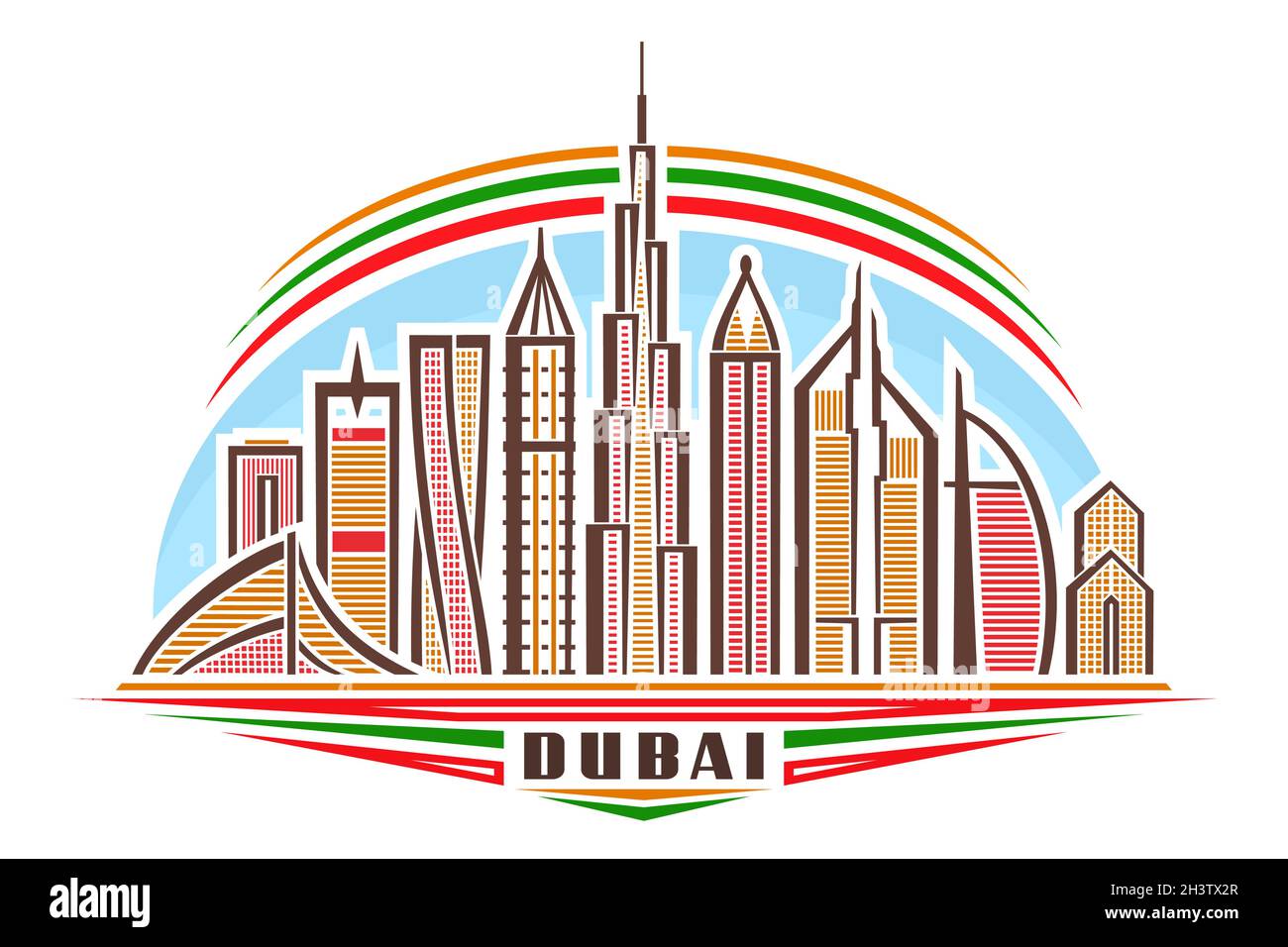 Vektor-Illustration von Dubai, horizontales Poster mit linearem Design berühmte dubai-Stadtlandschaft am Tag Himmel Hintergrund, asiatische Urban Line Art-Konzept mit de Stock Vektor