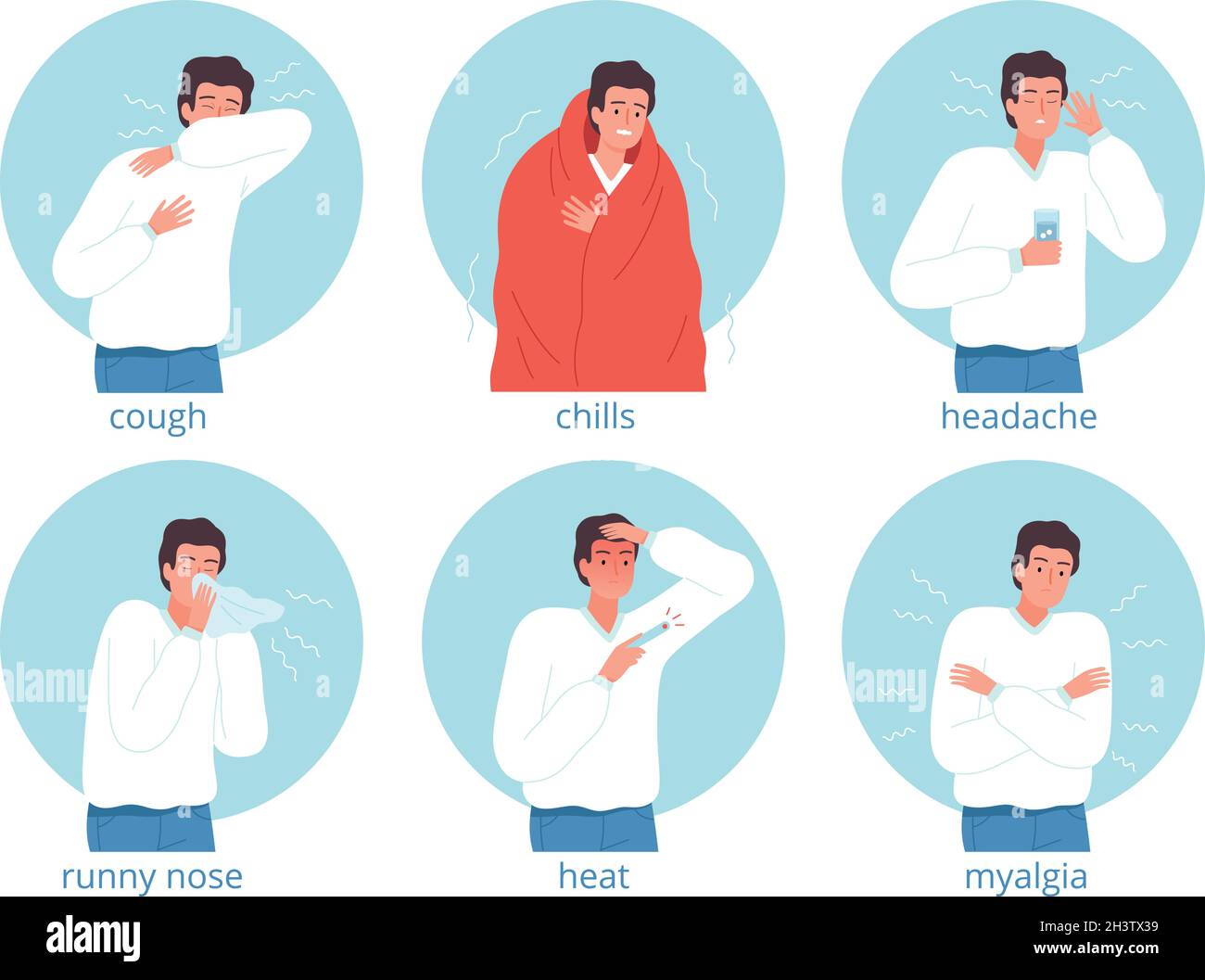 Kranke Charaktere. Grippe Personen Krankenhaus Bett Kopfschmerzen Krankheit medizinische Probleme Vektor-Zeichen Stock Vektor