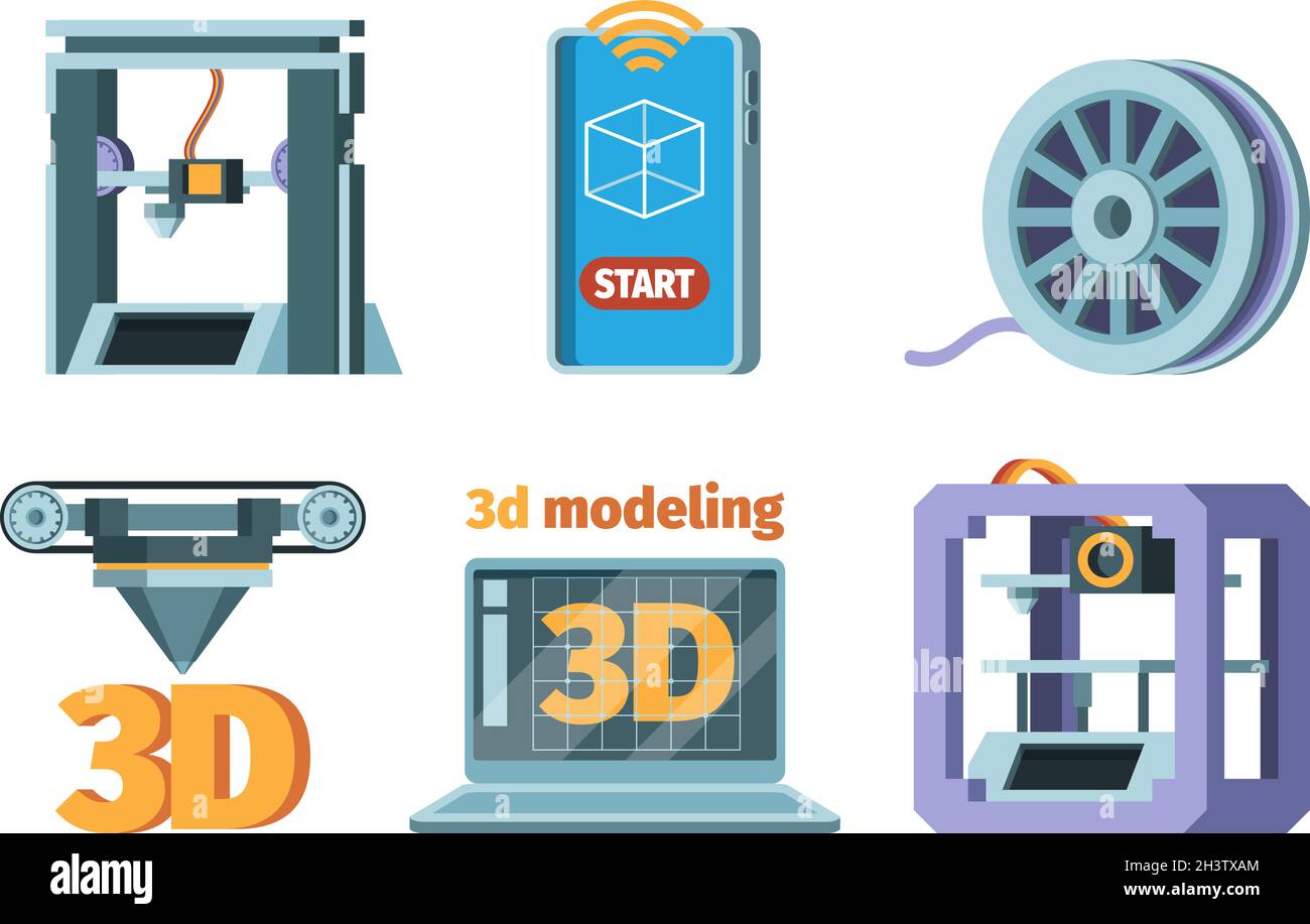 Symbol für 3d-Druck. Dimensionale Drucker Prototypen Zukunftstechnologie intelligente Drucktechnik Vektor flache Bilder Stock Vektor