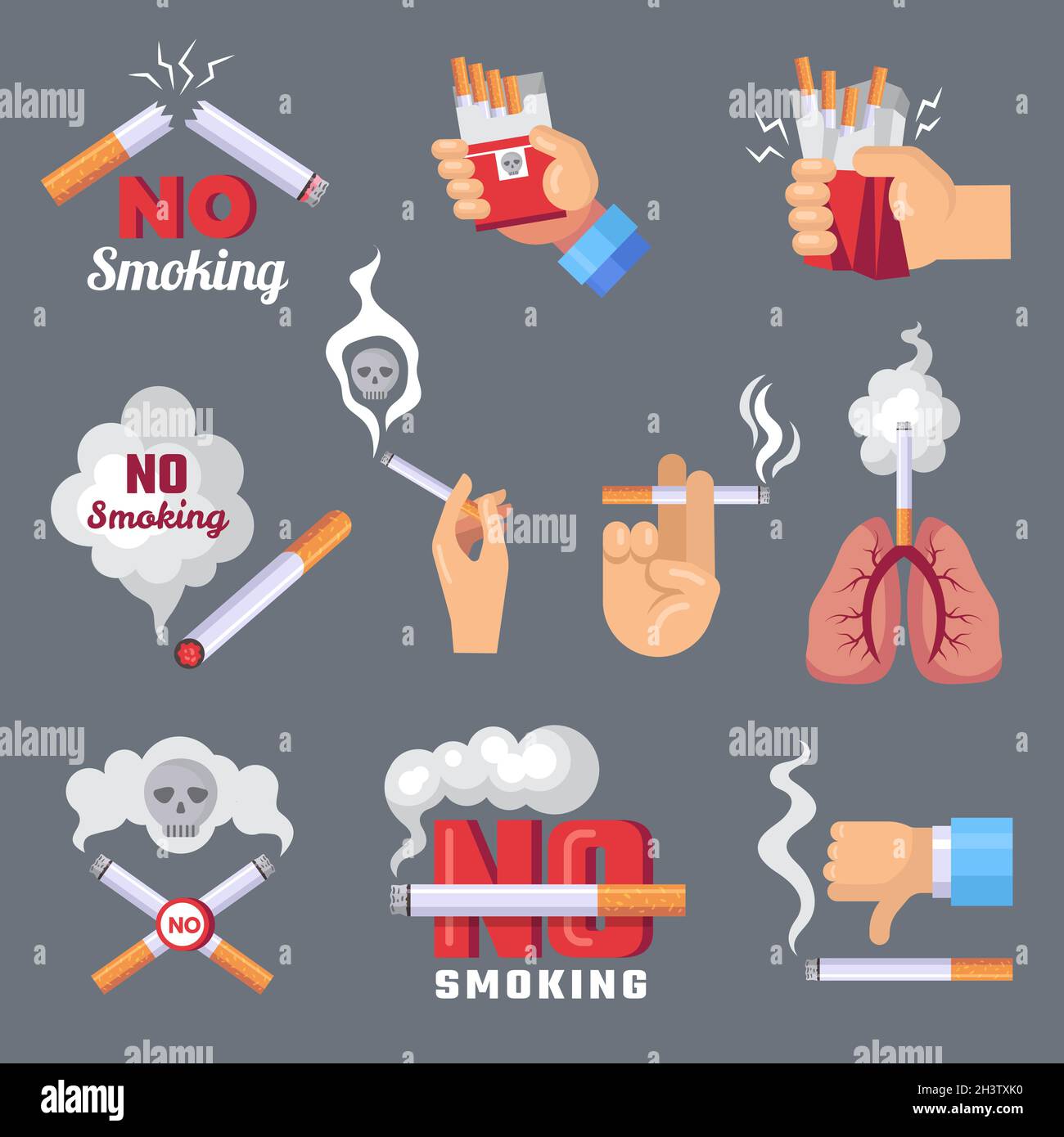 Rauchsymbol. Lungen- und Zigaretteninhalation Rauchproblem und gefährliche Vektor-flache Konzeptbilder Stock Vektor