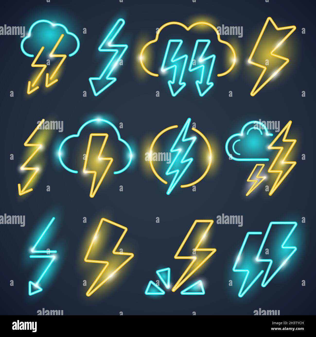 Neonblitz. Leistungsstarke Donner Symbole leuchten Blitz Sammlung Vektor farbigen Satz Stock Vektor