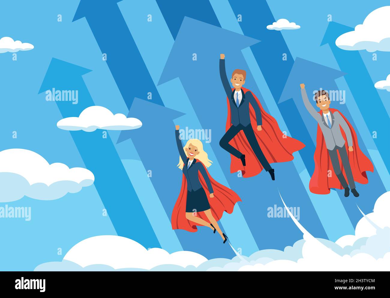 Hintergrund zu Business Hero. Fliegende Manager Macht des Superhelden gute Teamarbeit erfolgreiche Menschen helfen Mitarbeitern, Geschäftskonzept zu entwickeln Stock Vektor