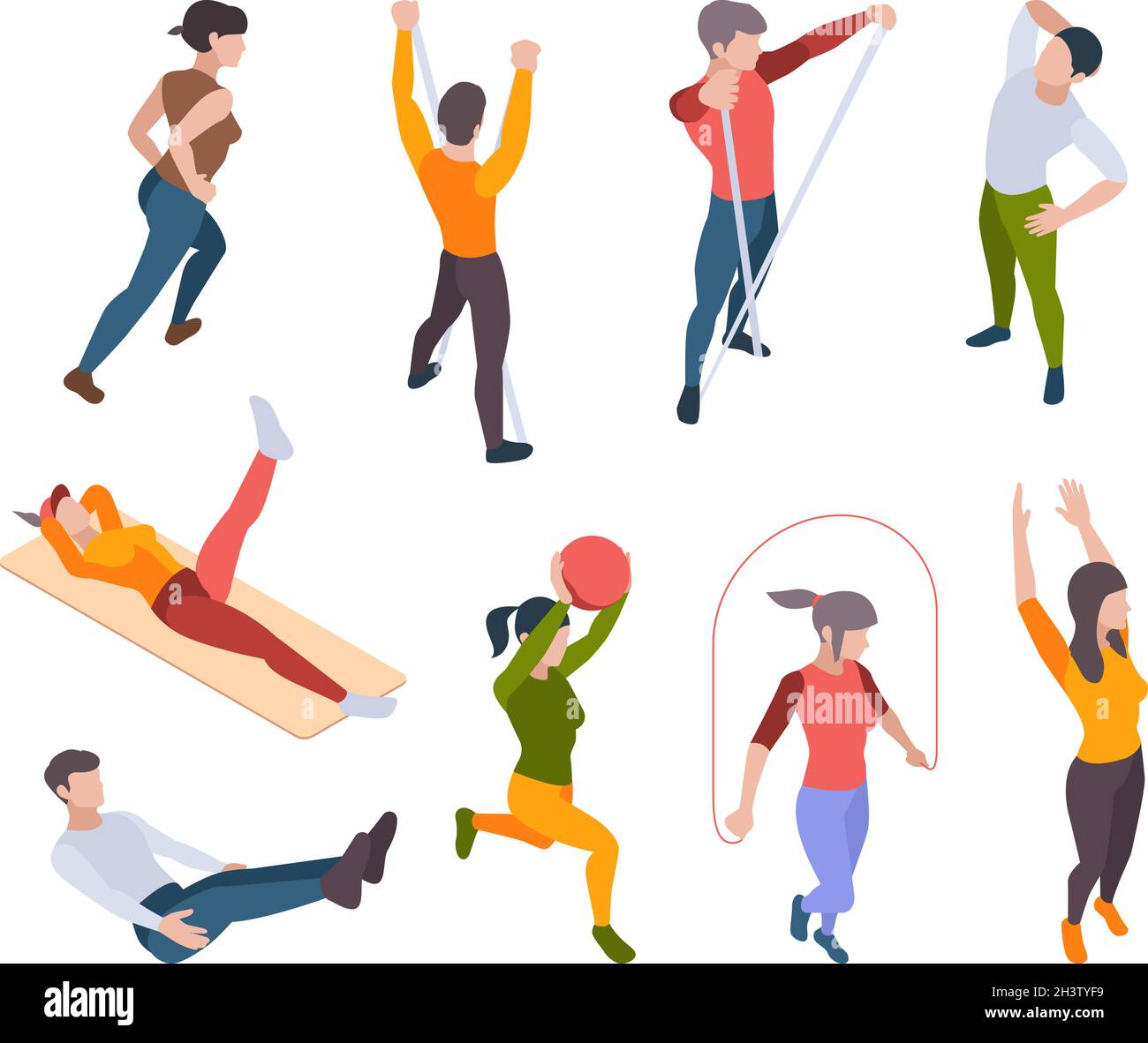 Heimtraining. Aktive Menschen machen Sportübungen allein Online-Übertragung Fitness-und Yoga-Aktivitäten Vektor isometrisch Stock Vektor